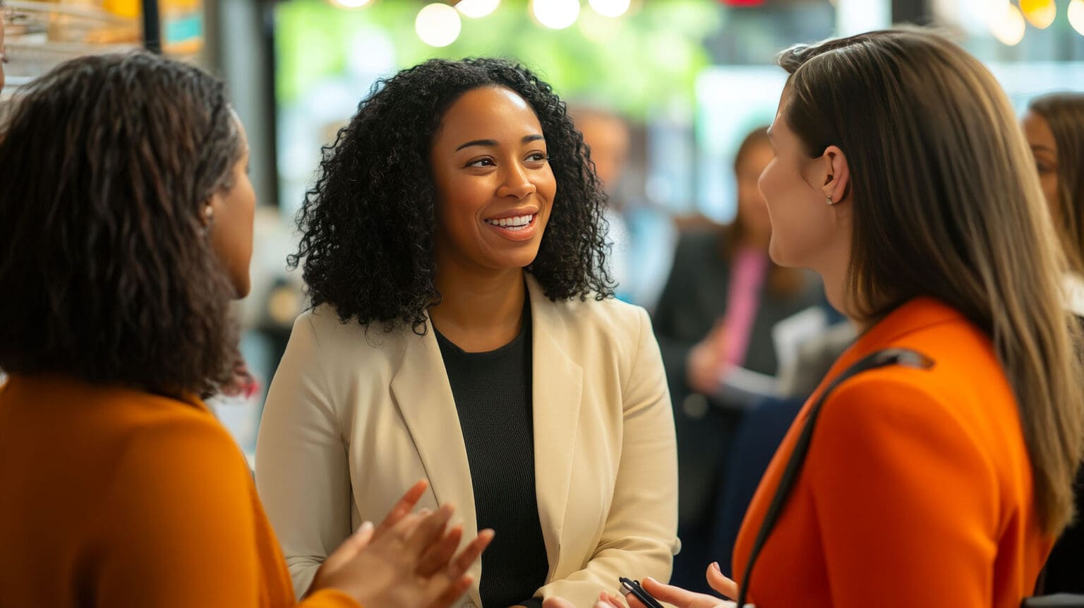 A diverse group of women networking at a business event, sharing ideas and building professional connections